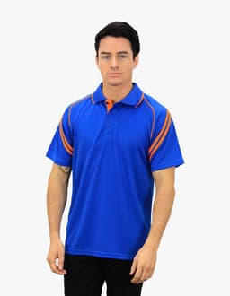 A men's polo shirt in vibrant blue with orange accents, featuring a collar and short sleeves, and a logo.