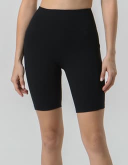 Black ladies' legging shorts with a high waistband, featuring a simple design and no visible logos.