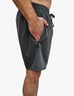 Grey sports shorts with a side pocket and an elastic waistband. The shorts have a smooth finish and a drawstring.