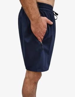 Navy sports shorts featuring a side pocket and an elastic waistband with a drawstring. Includes a logo.