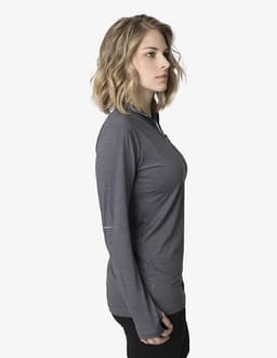 A fitted grey long-sleeve shirt with a zip collar, featuring a logo on one sleeve.