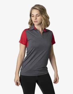 A short-sleeved polo shirt featuring red sleeves and a grey body, displayed on a model. It has a logo.