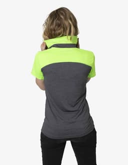 A polo shirt featuring a grey body and bright yellow-green sleeves, with a logo on the back.