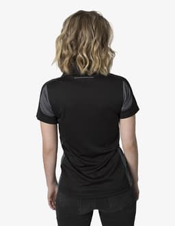 A black polo shirt with grey accents and a logo on the back, designed for a modern fit.