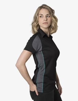 A black polo shirt with grey accents and a logo, featuring a fitted design and short sleeves.