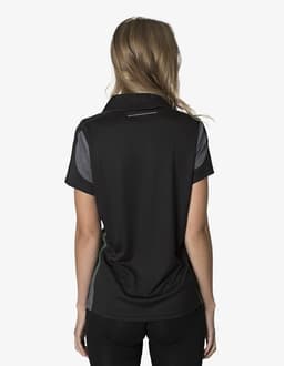 A black polo shirt with grey accents, featuring a logo on the back.
