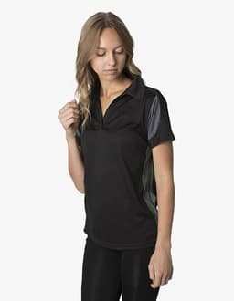 A black polo shirt featuring grey and green accents, designed for active wear, with a logo.