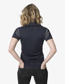 A navy polo shirt featuring grey accents at the shoulders and a logo on the back.