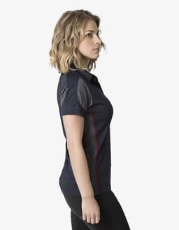 A navy blue polo shirt with grey accents, featuring a logo on the chest and a slim fit design.