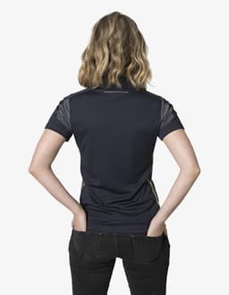 A navy polo shirt with grey accents, featuring a sleek design and a logo on the chest.