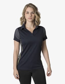 A navy blue polo shirt with grey sleeves, featuring a logo on the chest and yellow side detailing.