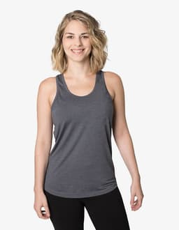 A singlet in dark grey, featuring a rounded neckline and a fitted design, worn by a model against a white background.