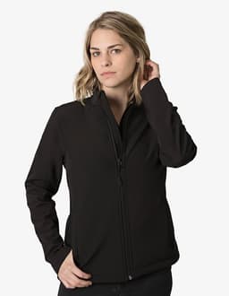 A women's soft shell jacket in black, featuring a zip front and a fitted design, complete with a logo.