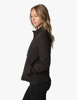 A black women's soft shell jacket made of three-layer bonded fabric, featuring a collar and side pockets.