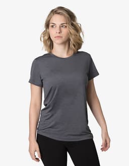 A grey t-shirt for women with short sleeves and a round neckline. The shirt features a logo on the front.