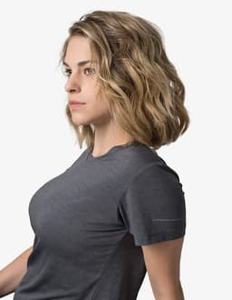 A grey women's t-shirt with a fitted design and short sleeves, featuring a subtle logo.
