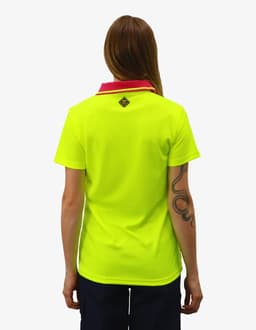 A work polo shirt in bright yellow with a contrasting pink collar, featuring a logo on the back.