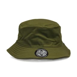 A green bucket hat featuring a logo on the front. The hat has a wide brim for sun protection.