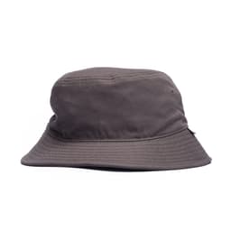 A dark grey bucket hat with a wide brim and a subtle logo. Features a simple, streamlined design.