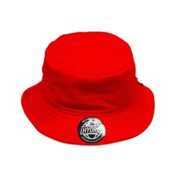A red bucket hat featuring a logo on the front and a wide brim, designed for casual wear.