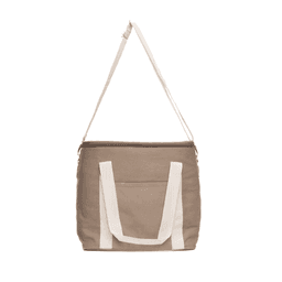 A tan cooler bag with white straps and a front pocket, featuring a shoulder strap and a zippered top.
