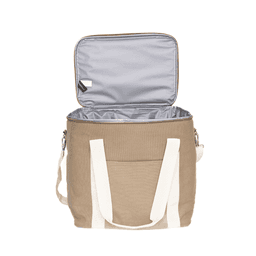 A beige cooler bag with a silver interior and white straps, featuring an open top and a front pocket.