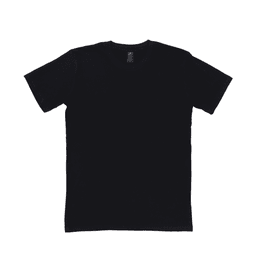 A black T-shirt without any designs, featuring a round neckline and short sleeves. It has a branding label inside.