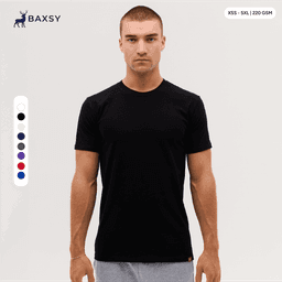 A plain black T-shirt displayed on a model, featuring a logo and available in various sizes.