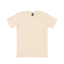 A plain beige t-shirt displayed flat, featuring a label and a simple design.