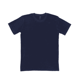A navy blue T-shirt with a round neckline and short sleeves, featuring a logo on the inside tag.