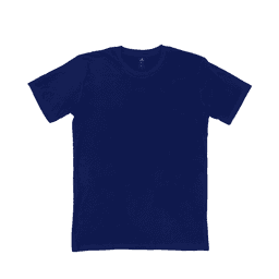 A navy blue t-shirt with a crew neck and short sleeves, featuring a brand logo inside the neckline.