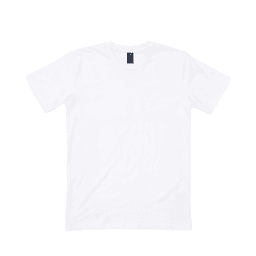 A white t-shirt featuring short sleeves and a simple crew neck, with a small brand logo on the tag.