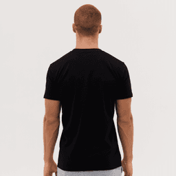A black T-shirt designed for men, featuring a simple, classic cut with short sleeves.