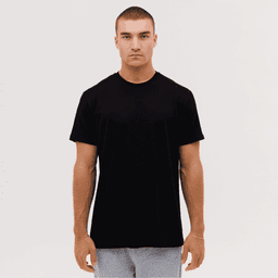A black t-shirt displayed on a model, featuring short sleeves and a round neckline, with a logo present.