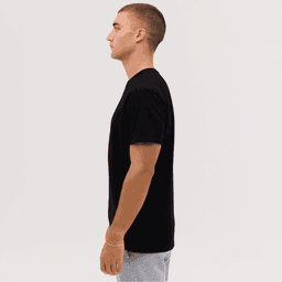 A black T-shirt displayed from the side, featuring a simple design and a logo on the shirt.