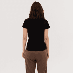 A black women's polo shirt with short sleeves, displayed from the back against a neutral background.