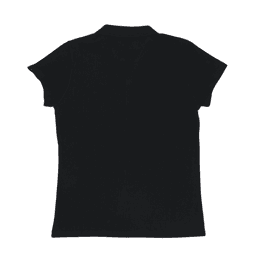 A black women's polo shirt with short sleeves and a collar, featuring a branding logo.