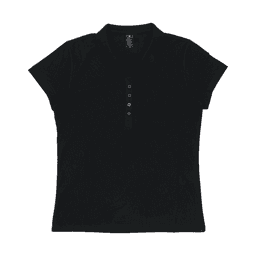 A black women's polo shirt with a collar and a button placket, featuring short sleeves and a logo.