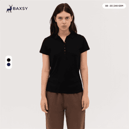 A black women's polo shirt with a buttoned collar displayed on a model, featuring a logo.