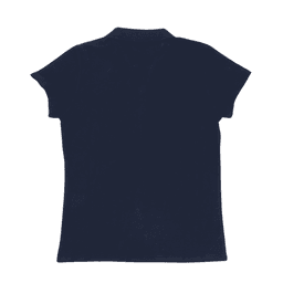 A navy women's polo shirt featuring short sleeves and a classic collar, with a branding logo on the back.