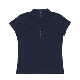 A women's polo shirt in navy blue with a collared neckline and button placket, featuring a logo.