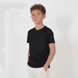 A youth black T-shirt with a simple design, worn by a young boy standing with his hands in his pockets.