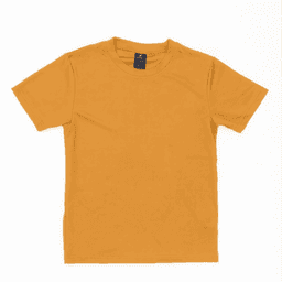 A yellow youth tee displayed flat, featuring a simple design and a logo on the tag.