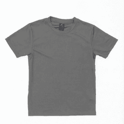 A grey Youth Core Tee displayed flat. The shirt has a simple design and features a branding label inside.