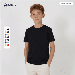A youth black core tee displayed on a model, featuring a round neck and short sleeves, with a logo present.