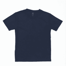 A navy youth t-shirt with a simple design and a logo on the label.