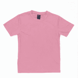 A pink youth core tee featuring a round neck and short sleeves, complete with a brand logo on the label.
