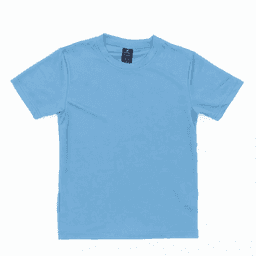 A light blue youth tee with a round neckline and short sleeves, featuring a branding label in the neck area.