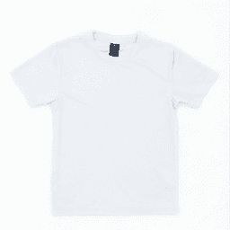 A white youth tee shirt featuring a label and no additional graphics or designs.