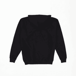 A black hooded sweatshirt with a drawstring and long sleeves. The back view shows a simple design.
